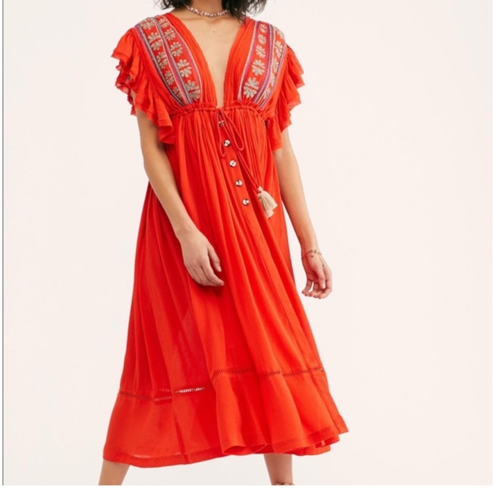 Free People Orange Will Wait For You Tassel Boho Oversized Midi Dress XS-L